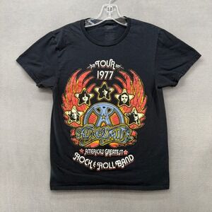 Aerosmith 1977 Tour Graphic T-Shirt Mens Small Black Cotton Rock Band Tee 2023
